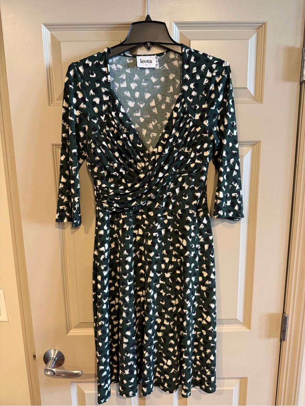 Leota Dark Green Printed Faux Wrap-Style A-Line Dress with Black & White Print
